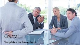  Presentation with fingers - Amazing presentation design having businesswoman with fingers crossed behind her back in an office backdrop and a light blue colored foreground