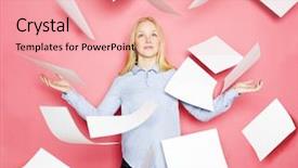  Presentation with recycle - Presentation theme consisting of businesswoman with flying papers background and a coral colored foreground