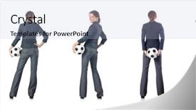  Presentation with football - Audience pleasing slides consisting of soccer leadership - businesswoman with football on white backdrop and a light blue colored foreground