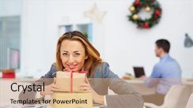  Presentation with camera - Audience pleasing presentation theme consisting of businesswoman with gifts looking backdrop and a coral colored foreground