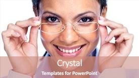  Presentation with eye care - Slide deck enhanced with businesswoman with glasses eye care background and a coral colored foreground