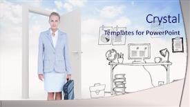  Presentation with graphics - Audience pleasing slide set consisting of businesswoman with graphics by door backdrop and a sky blue colored foreground