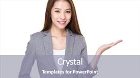  Presentation with show - Beautiful slides featuring businesswoman with hand show with blank sign backdrop and a gray colored foreground