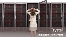  Presentation with towers - Audience pleasing slide deck consisting of businesswoman with hands on head standing back to camera against server towers backdrop and a gray colored foreground