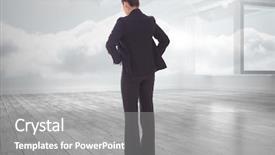  Presentation with holographic - Colorful PPT theme enhanced with businesswoman with hands on hips against room with holographic cloud backdrop and a gray colored foreground