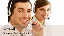  Presentation with call center - Cool new slide deck with businesswoman with headset smiling at camera in call center businessman in headsets on background backdrop and a coral colored foreground