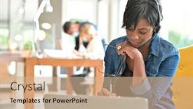  Presentation with coworking - PPT layouts consisting of businesswoman-with-headset-working background and a coral colored foreground