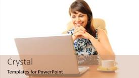  Presentation with coffe - Amazing presentation having businesswoman with laptop and coffe isolated over white backdrop and a coral colored foreground