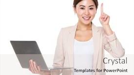  Presentation with finger point - Beautiful slides featuring businesswoman with laptop computer and finger point up backdrop and a lemonade colored foreground