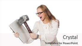  Presentation with laptop - Slide deck featuring businesswoman with laptop in business background and a light gray colored foreground