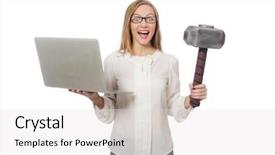  Presentation with laptop - Slide deck featuring businesswoman with laptop in business background and a light gray colored foreground