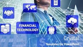  Presentation with fintech financial technology - Presentation design enhanced with businesswoman-with-laptop-in-financial background and a teal colored foreground