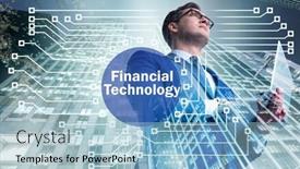  Presentation with fintech financial technology - Theme featuring businesswoman-with-laptop-in-financial background and a light blue colored foreground