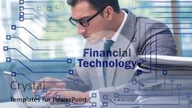  Presentation with fintech financial technology - Slide set consisting of businesswoman-with-laptop-in-financial background and a light blue colored foreground