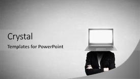  Presentation with head - Amazing slide deck having businesswoman-with-laptop-instead backdrop and a light gray colored foreground