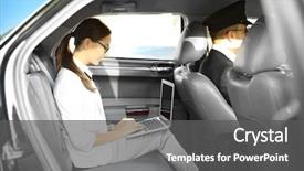  Presentation with emissions no car carbon dioxide - Presentation theme consisting of businesswoman with laptop riding a car with chauffeur background and a dark gray colored foreground