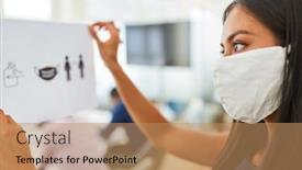  Presentation with hygiene - PPT theme enhanced with businesswoman-with-mask background and a coral colored foreground