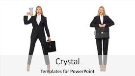  Presentation with superhero businesswoman - Beautiful presentation design featuring businesswoman with megaphone and briefcase backdrop and a white colored foreground