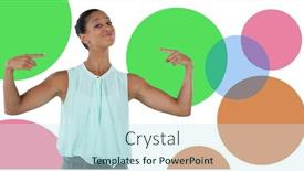  Presentation with minimal - PPT theme featuring businesswoman with minimal shapes pointing at herself background and a sky blue colored foreground