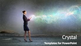  Presentation with high tech - PPT theme having businesswoman with mobile phone against high tech background background and a gray colored foreground