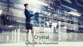  Presentation with high tech - Colorful presentation enhanced with businesswoman with mobile phone against high tech background backdrop and a soft green colored foreground