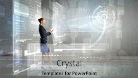  Presentation with tech - Presentation design consisting of businesswoman with mobile phone against high tech background background and a light gray colored foreground