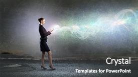  Presentation with high tech - Slide set consisting of businesswoman with mobile phone against high tech background background and a dark gray colored foreground