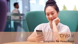  Presentation with phone - PPT layouts with businesswoman-with-mobile-phone-working background and a coral colored foreground