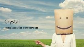  Presentation with paper bag - Beautiful presentation featuring businesswoman with paper bag on the head at outdoor backdrop and a light gray colored foreground