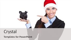  Presentation with piggy bank - Theme with businesswoman with santa hat pointing background and a  colored foreground
