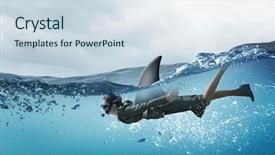  Presentation with shark - Theme having businesswoman with shark flipper swiming background and a sky blue colored foreground