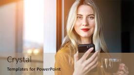  Presentation with work family - Presentation consisting of businesswoman-with-smartphone-talking-video background and a coral colored foreground