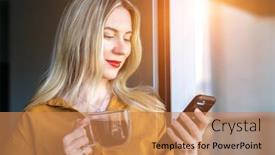  Presentation with work family - Presentation theme having businesswoman-with-smartphone-talking-video background and a coral colored foreground