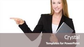  Presentation with finger point - Cool new theme with businesswoman with tablet and finger point aside backdrop and a gray colored foreground