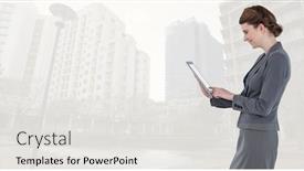  Presentation with cityscape - Presentation design having businesswoman-with-tablet-in-cityscape background and a white colored foreground