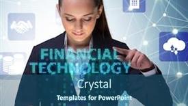  Presentation with fintech financial technology - PPT theme featuring businesswoman-with-tablet-in-financial background and a ocean colored foreground