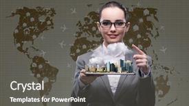  Presentation with hotel - Beautiful slide deck featuring businesswoman with tablet in hotel backdrop and a dark gray colored foreground