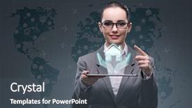  Presentation with hotel - Slides having businesswoman with tablet in hotel background and a dark gray colored foreground