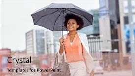  Presentation with city people walking - Amazing theme having businesswoman with umbrella and handbag backdrop and a coral colored foreground