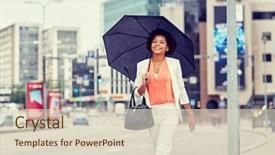  Presentation with city people walking - PPT layouts featuring businesswoman with umbrella and handbag background and a lemonade colored foreground