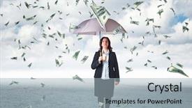  Presentation with umbrella - Beautiful theme featuring businesswoman with umbrella and money backdrop and a light blue colored foreground