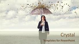  Presentation with raining money falling - Colorful presentation theme enhanced with businesswoman with umbrella and money backdrop and a soft green colored foreground