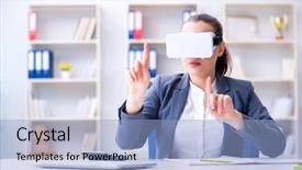  Presentation with virtual reality meeting - PPT theme consisting of businesswoman with virtual reality glasses background and a light blue colored foreground