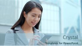  Presentation with smart city - PPT layouts enhanced with businesswoman work on smart phone in city background and a light blue colored foreground