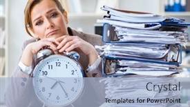  Presentation with paperwork - Slide set with businesswoman-workaholic-trying-to-finish background and a light blue colored foreground