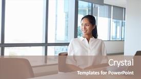  Presentation with alone - Colorful PPT theme enhanced with businesswoman working alone on laptop backdrop and a  colored foreground