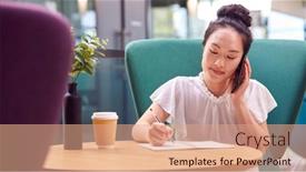  Presentation with working - Presentation theme with businesswoman-working-at-table background and a coral colored foreground