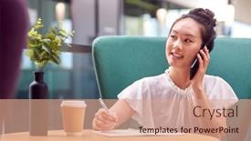  Presentation with working - Presentation theme with businesswoman-working-at-table background and a coral colored foreground