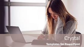  Presentation with using digital tablet - Audience pleasing PPT theme consisting of businesswoman-working-from-home-drawing backdrop and a gray colored foreground