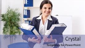  Presentation with working - PPT theme with businesswoman working in the office background and a ocean colored foreground